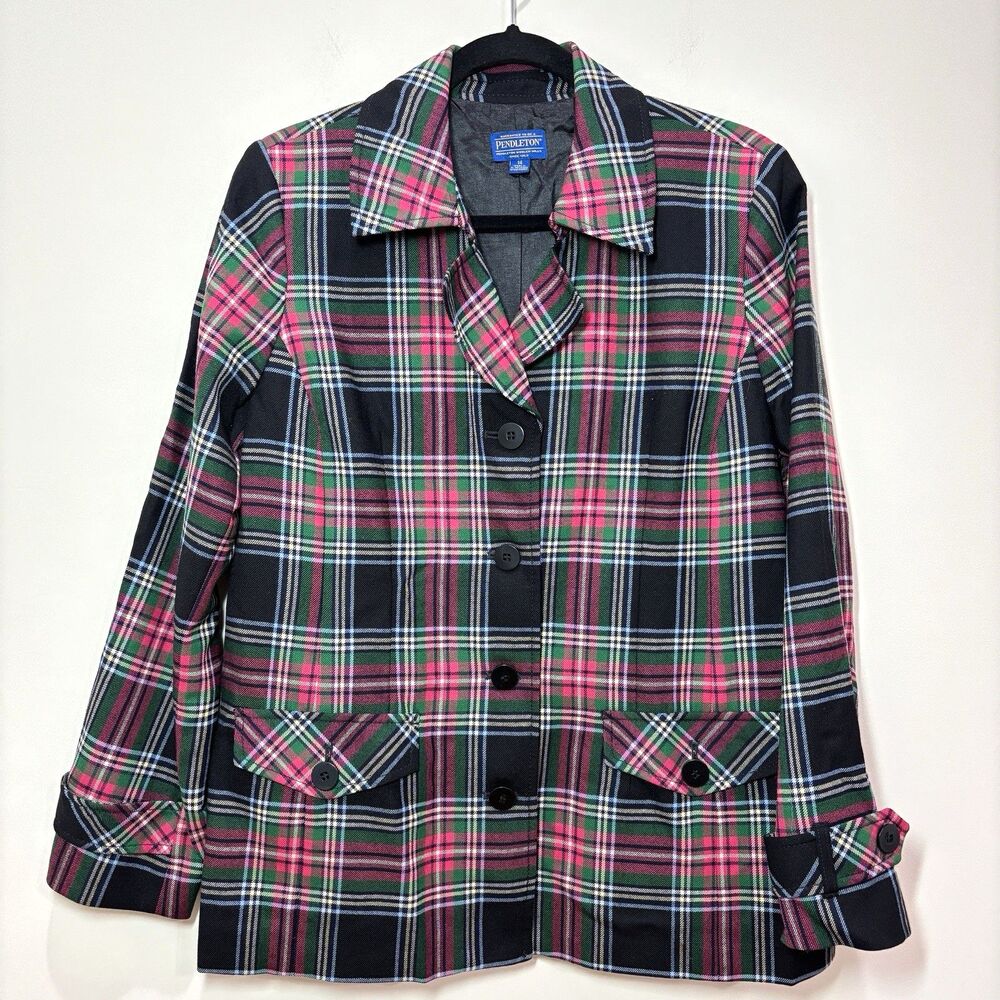 Vintage Pendleton Wool Tartan Plaid Blazer Jacket Women 14 Pink Green Preppy Ivy